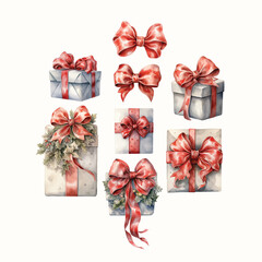 watercolor christmas gift boxes with ribbon