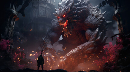 Obraz premium A fantasy epic warrior ready to battle a gigantic monster
