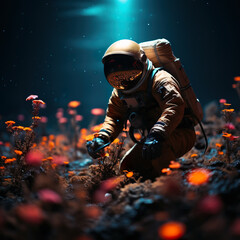 An scifi astronaut exploring a new faraway distant mistery worlds in other galaxies