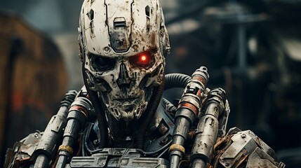 A close-up of a robotic humanoid perfect soldier with red eye looking into the camera. Super detailed military gaming equipment.