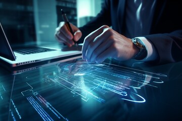 Male in a business suits writing or signing with his hands on a big pad with blue digital cyber overlay. Generative AI technology