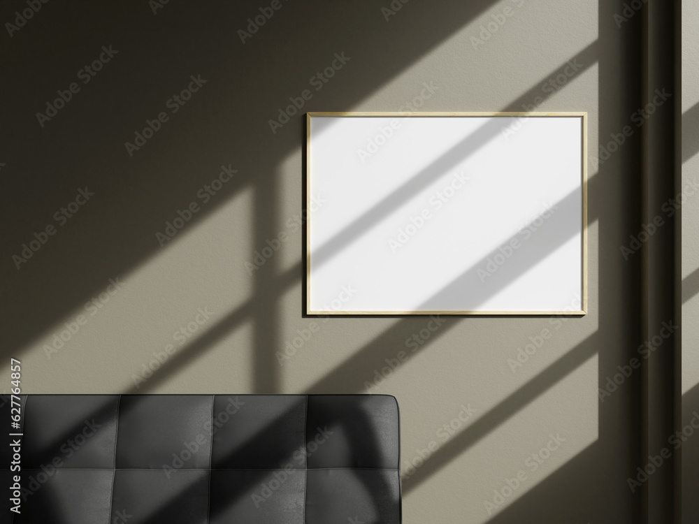 Wall mural blank wooden horizontal picture frame mockup on brown wall. brown living room design. view of modern