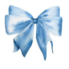 Watercolor blue bow isolated on a white background.