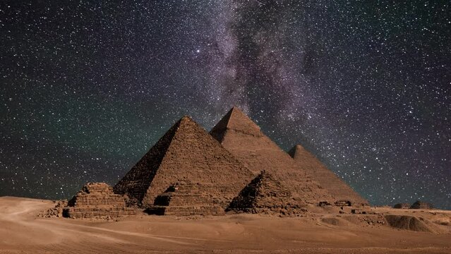 Timelapse of Pyramid complex of Giza at night. Giza, Cairo, Egypt