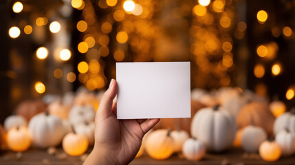 mockup postcard with pumpkins in the background. Autumn copyspace