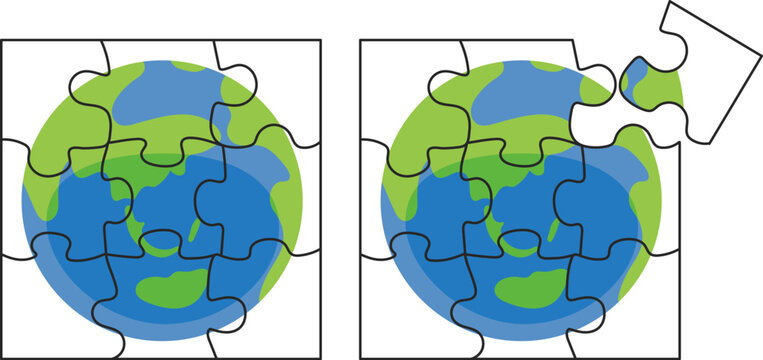 地球の描かれた9ピースのジグソーパズル　セット　イラスト素材
