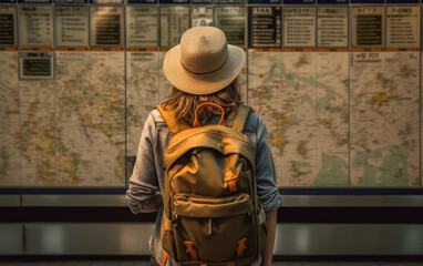Frustrated young Adult Woman Looking At Arrival and Departure Board at the Crowded Airport.