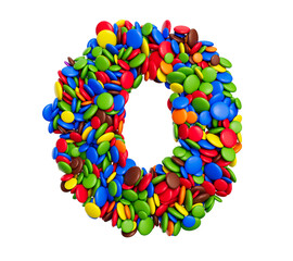 Letter Digit 0 of multicolored rainbow candies Festive isolated on white background 3d illustration	
