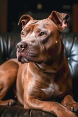 American Pit Bull Terrier dog lying on couch looking away