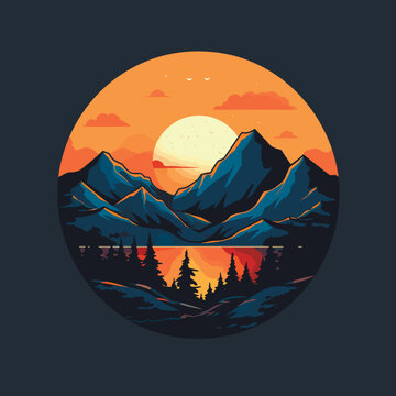 Naklejka Backlighting summer sunset with beautiful yellow. A logo of big waves under a sunrise, montains at the back with trees, with birds in, minimalist picture. Vector illustration.