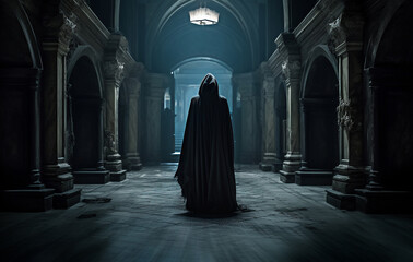 Naklejka premium Spooky dark hooded figure walks along an abandoned hall