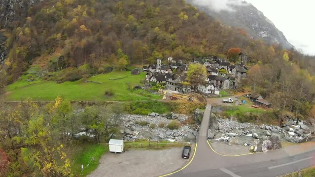 Aerial video of the historic village of Sonlerto, Cevio, Valle Maggia, Canton Ticino, Switzerland