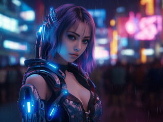 Asia cyberpunk girl in futuristic city. Ai Generative