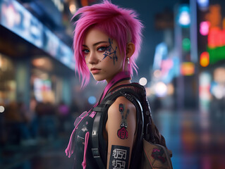 Asia woman in cyberpunk style with pink hair.Ai Generative