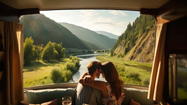 Back view of romantic couple enjoying landscape of green hills and river while kissing in camper van during summer trip in nature