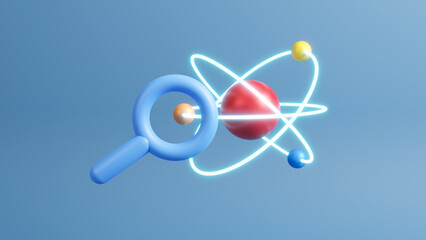 World Science Day. Science and technology of physics, chemistry, biology, concept. Magnifying glass and Atom. Discovery, research, search, analysis concept. Analyzing data DNA. 3d render illustration