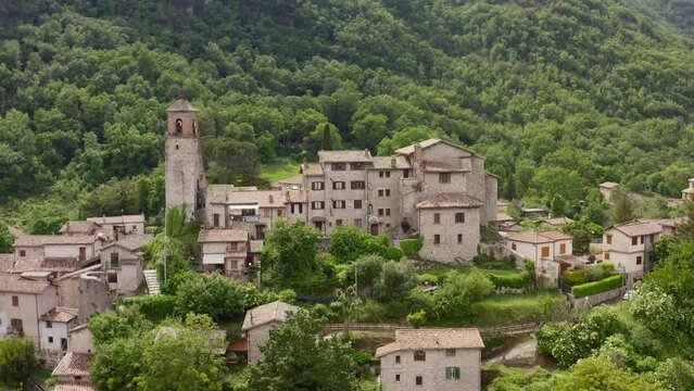 Aerial view of Greccio , small village in the mountains in Rieti Italy