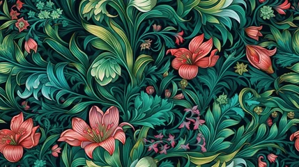 Fotobehang Generative AI, Floral colorful pattern, natural plants and flowers background, vintage illustration. Foliage ornament.. © DELstudio