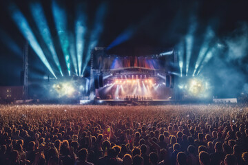Obraz premium A large concert crowd with their hands raised in front of stage. People standing at a festival with lights on.
