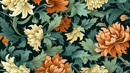 Generative AI, Floral colorful pattern, natural plants and flowers background, vintage illustration. Foliage ornament..