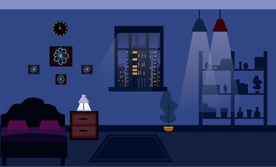 Furniture: sofa, bookcase, picture. Living room interior.Flat style vector illustration.