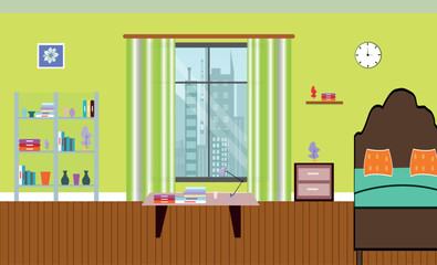 Furniture: sofa, bookcase, picture. Living room interior.Flat style vector illustration.