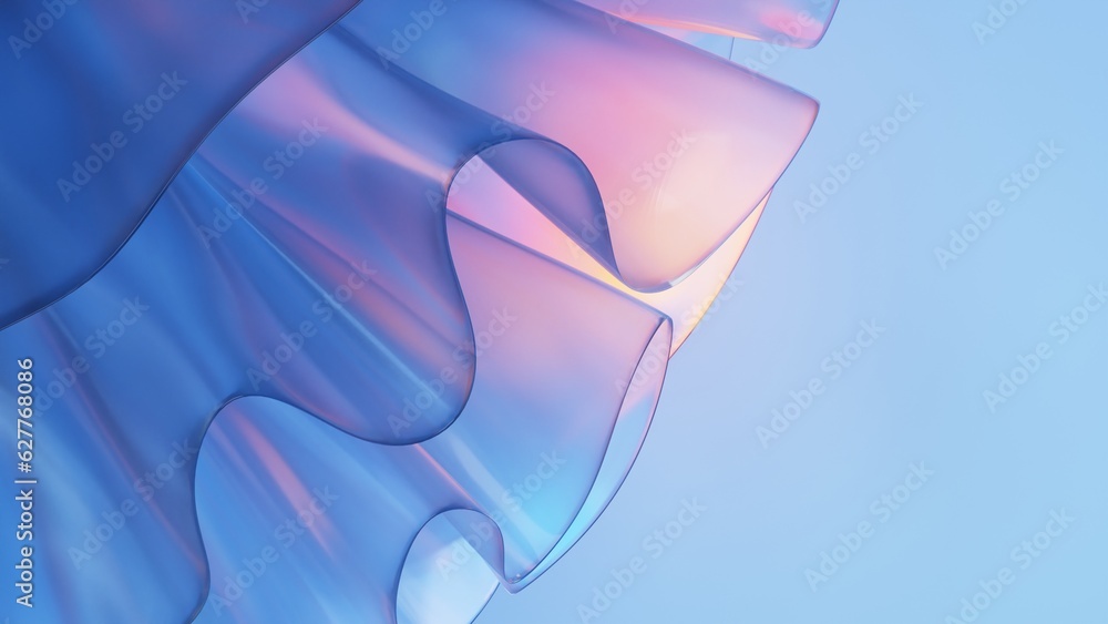 Poster 3d render close up of abstract light blue curve emitter glass with multi color gradient
