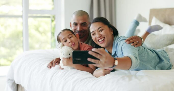 Funny, selfie and family together in bedroom or mom, dad and girl in home or happy time to relax or play on social media or internet. Profile picture, smile and bonding with father, mother and child