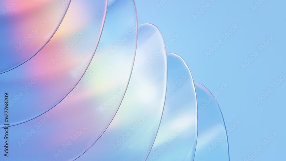 Poster 3d render abstract light blue curve frosted glass pattern with gradient color on blue background.