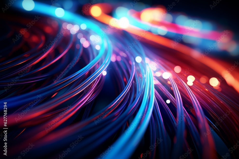 Wall mural colorful optic fiber electrical cables wires neon waves lines abstract 3d ai design background patte