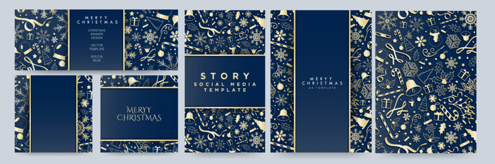 Set of Gold and Blue Christmas Card Poster Templates, greeting cards, poster, banner layouts. Golden Decorative Christmas design templates. Luxurious xmas mock ups. Editable vector Illustration.