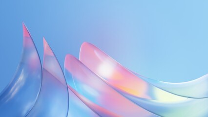 Abstract 3d render light blue wavy emitter glass with multi color gradient on blue background. 