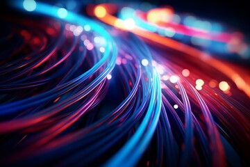 Colorful optic fiber electrical cables wires neon waves lines abstract 3d ai design background pattern glow colored streams information optical connection internet web multicolor data led technology
