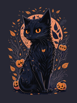 black cat wearing witch hat vector illustration image.
