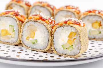 avocado pear and mango rolls on white background for food delivery restaurant menu 2