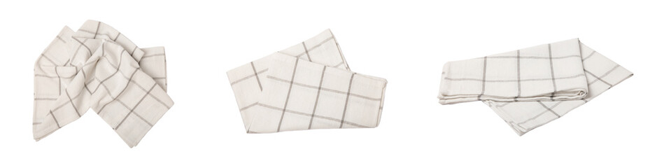 Kitchen towel isolated on white background. Cotton napkin for a picnic.Food decor. Crumpled towel. Textile napkin. home textiles. Folded cloth. Food serving design element. Square napkin. Design