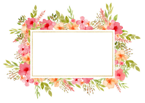 Frame with red and pink Flowers and golden texture. Hand drawn watercolor illustration of rectangular border for wedding invitations or greeting cards. Drawing of floral backdrop with orange plants.