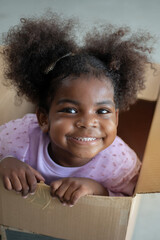Fototapeta premium Close up, African girl sit in cardboard box, hiding in a box while playing hide and seek, unpacking packages on moving day, smiling and looking at camera