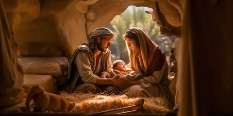 Cinematic birth of Jesus Christ. The Holy Family, Jesus, Mary and Joseph. Generative AI.