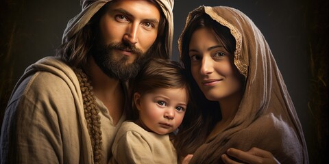 Cinematic birth of Jesus Christ. The Holy Family, Jesus, Mary and Joseph. Generative AI. © VISIONARTIST