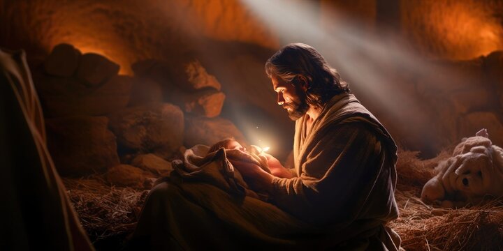 Cinematic birth of Jesus Christ. The Holy Family, Jesus, Mary and Joseph. Generative AI.