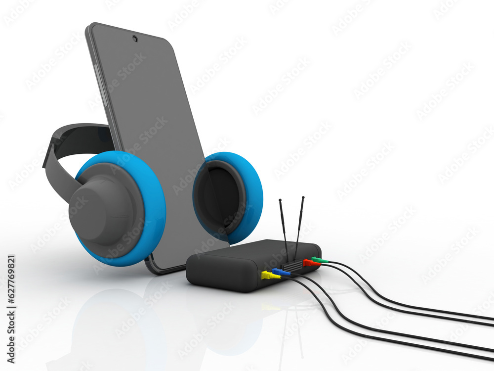 Aufkleber 3d rendering transmitter wifi with mobile phone connected headphone