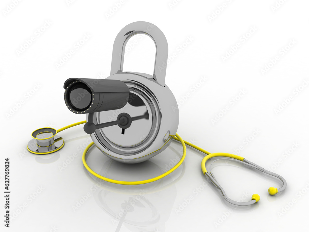 Poster 3d rendering surveillance cctv security camera protected lock connected stethoscope