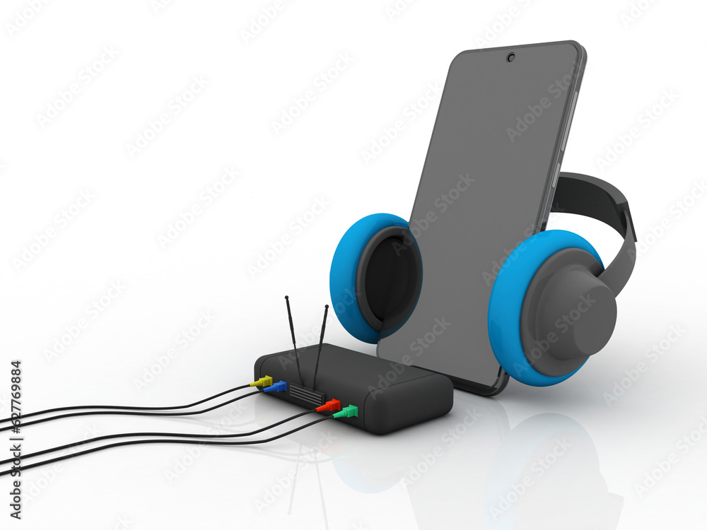Poster 3d rendering transmitter wifi with mobile phone connected headphone