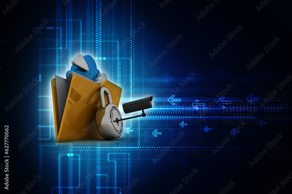 Poster 3d rendering yellow folder and lock. data security concept under cctv camera