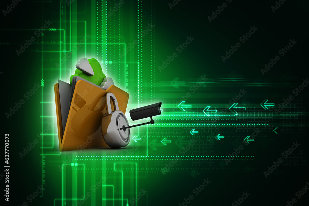 Aufkleber 3d rendering yellow folder and lock. data security concept under cctv camera
