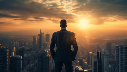 Fototapeta premium businessman on top of skyscraper and view cityscape at sunset, made with Generative AI
