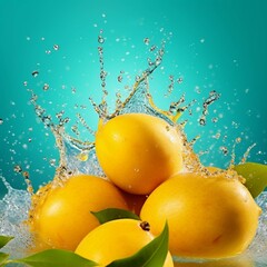 Mango fruit with water splash on yellow background. Healthy food.