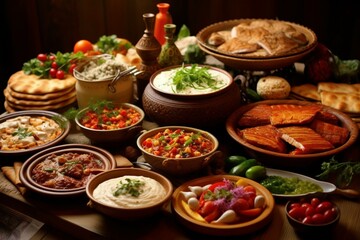 Obraz premium Indian food in clay pots on rustic wooden table with ingredients