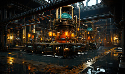 Old times plant with multiple pipelines. Interior of the century old factory lit with lanterns. Generative AI.